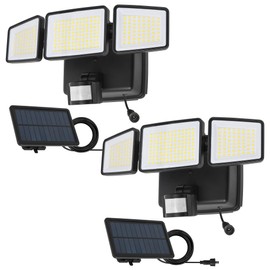 UME Hybrid Solar and Battery Powered Motion Sensor Outdoor Lights, 302 LED 1800LM, IP65 Waterproof, 3-Head Motion Activated LED Flood Lights, Energy Efficient Hybrid Security Lights for Garden -2 Pack