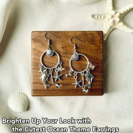 Cute Shell Earrings with Charms, Beach Jewelry, Silver Seashell Starfish Dophin Boho Beachy Drop Dangle Earrings for Women Girls Vacation (Dophin+Starfish)