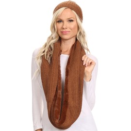 Sakkas 16139 - Balencia Cool Girl Long Wide Soft Fur Lined Infinity Scarf Beanie Hat Set - Brown - OS