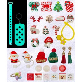 Christmas Advent Calendar 2024 -with 10mm Straw Toppers,Shoe Charms,DIY glow in the night Storage Bracelet,DIY Keychain,Christmas Stickers，24 Days Xmas Shoe Charms Countdown Calendar(alloy+plastic)