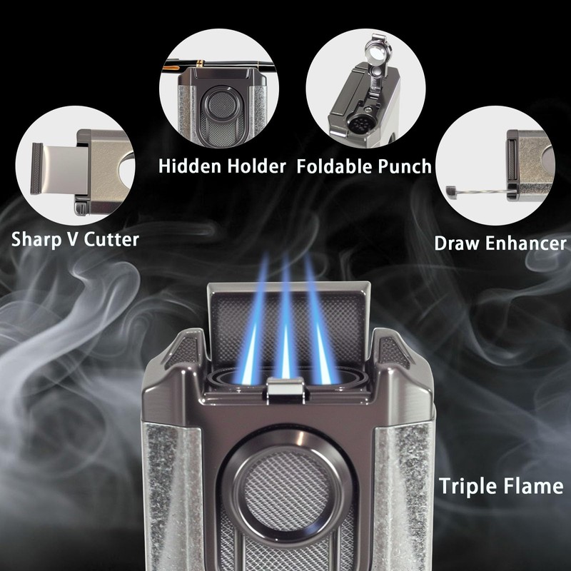 5-in-1 Cigar Lighter Built-in Cigar Punch, Holder, Cigar Draw Enhancer,Cigar