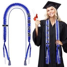 Graduation Leis 2025 - Graduation Tassel Honor Cords Ribbon Leis, Braided Necklace Class of 2025 for Bachelor Gown Gift Party, Blue & White