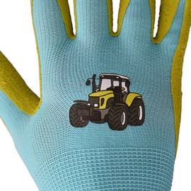 KALEAS Children's Garden Gloves, Work Gloves, Knitted Gloves with Latex Coating, Non-Slip, Breathable, from 3 Years, 1 Pair (23012) (5 (7-9 Years), Blue/Yellow)
