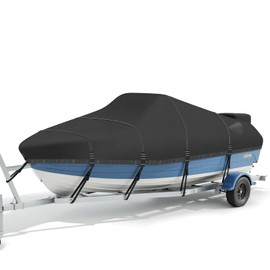LooDro Tearproof Center Console Boat Cover with Windproof Straps for Trailerable Boat, 1200D Oxford Fabric Waterproof with Storage Bag, 16' - 18.5' L, UP to 98" W, Black