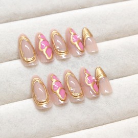 24Pcs French Tip Press on Nails Medium Almond Fake Nails with Pearls Flower Design Gold Chrome French False Nails Full Cover Glue on Nails Glossy Artificial Nails for Coquette Women Girls