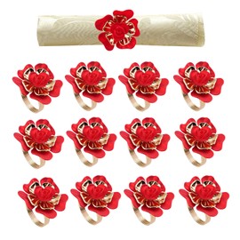 Rose Napkin Rings, 12 Pieces Flower Napkin Buckles Set Craft Rose Flower Napkin Rings, Red Rose Napkin Buckles Holder for Thanksgiving Xmas Wedding Anniversary Party Winter Home Decor