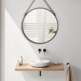 POZINO Large Round Rope Mirror, 30 Inch Circle Farmhouse Mirror, Hanging Mirror for Bathroom Bedroom Living Room Entryway Home Decor, Grey