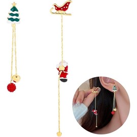 Christmas Earrings for Women - 1Pair Asymmetric Santa Christmas Tree Earrings Golden Needle Long Chain Tassel Pendant Earrings Christmas Looks Decorations,Gifts for Women and Girls