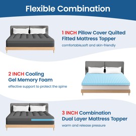 3 Inch Full Mattress Topper - Dual Layer With 1 Inch Pillow Top and 2 Inch Cooling Gel Memory Foam for Back Pain