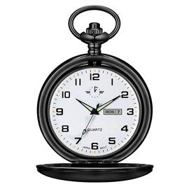 BOSHIYA Smooth Quartz Black Pocket Watches for Men with Bag, Classic Arabic Digital Luminous Dial & Day Date Pocket Watch with Chain Christmas Graduation Birthday Gifts