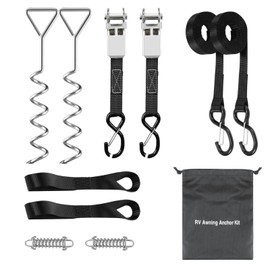 RV Awning Tie Down Kit WanDwel Heavy Duty Campers RV Awning Anchors Kits Accessories with Self-Adjusting Springs, 13ft Polyester Ratchet Strap