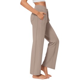 PINSPARK Wide Leg Yoga Pants Women High Waisted Workout Pants UPF 50+ Drawstring Sweatpants with 4 Pockets Light Tea Gray PXL
