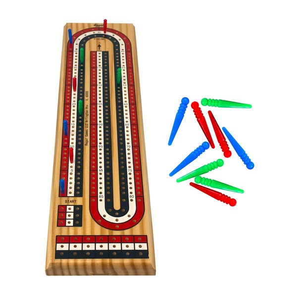 Regal Games - Cribbage Board - Fun, Family-Friendly Board Game - Includes Natural Wood Game Board (11" x 4.5" x 2.75"), 6 Multi-Colored Pegs - Ideal for 2-4 Players - Ages 8+