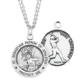 Everlasting Light Jewelry Patron Saint St Sebastian Round Sterling Silver Baseball Medal, 24" Endless Rhodium Plated Stainless Steel Chain Necklace, Made in USA, Deluxe Velvet Gift Box