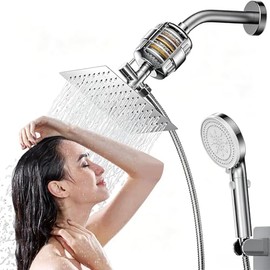 2 filtros ducha 8 pulgadas fija + regadera mano 5 presiones regulables | Ducha alta presión con filtro purificador para baño doméstico