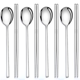 AOOSY 4 Pairs Chopsticks and 4 Spoons Set Korean Stainless Steel Chopsticks Spoons, Kitchen Reusable Metal Flat Long Handle Chopstick Spoon Set for Home, Kitchen or Restaurant