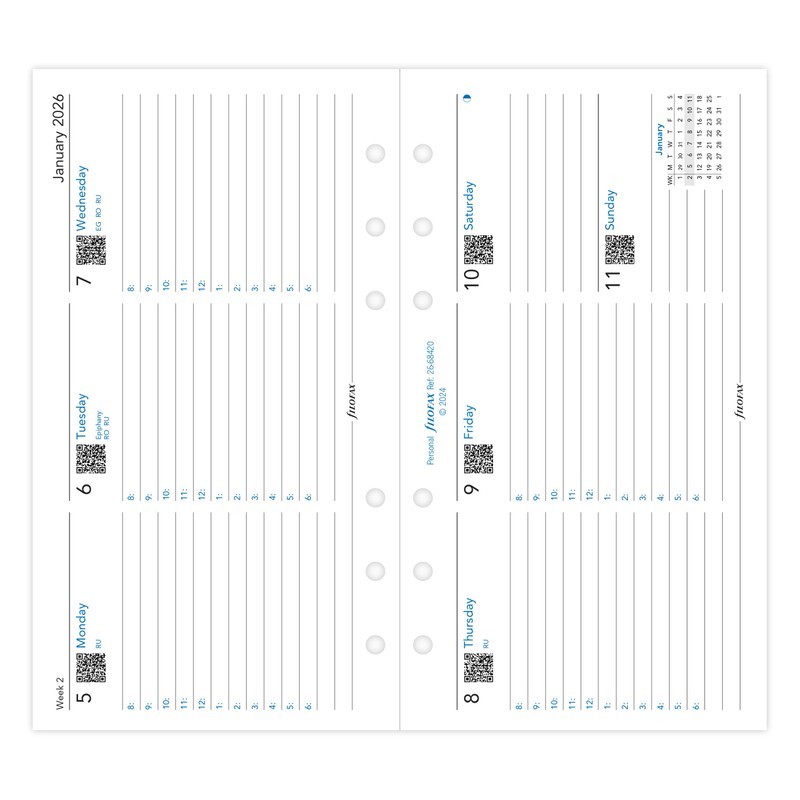 Filofax Personal horizontal week on two pages with appointments English