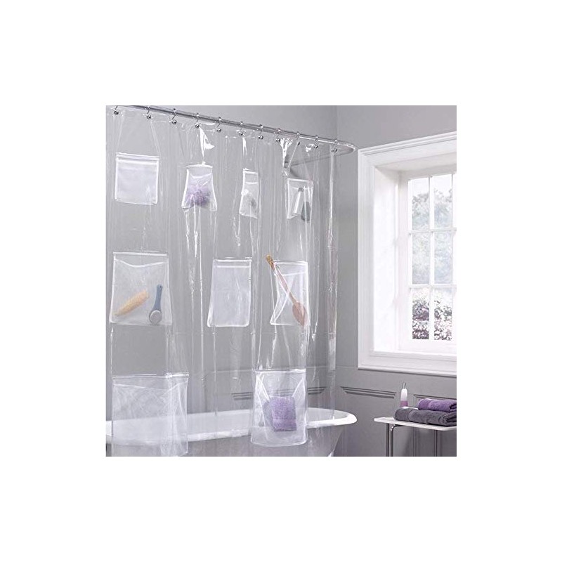 Plutreas Shower Curtain Liner with 9 Pockets, 72in x 72in