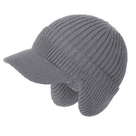 Epsoco Winter Hats for Men with Ear Flaps Thick Knit Fleece Lined Fishing Beanie Hat with Visor Brim Outdoor Warmer Hunting Baseball Caps Grey