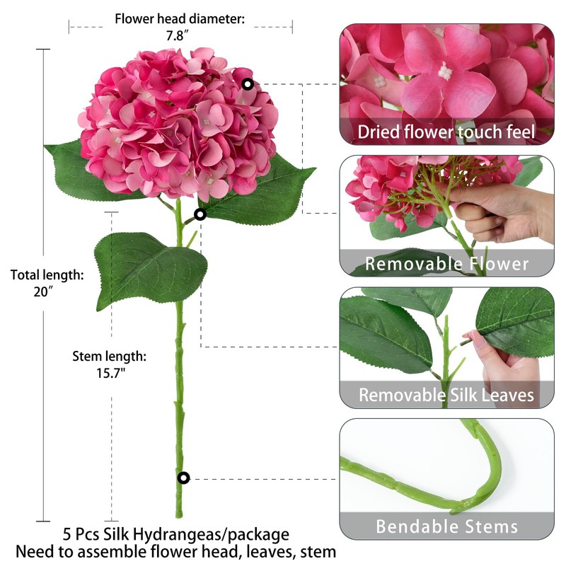 ZYTUYO 5 Pcs Magenta Silk Hydrangeas Artificial Flower Boho Dried