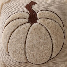 Allorry Fall Pillow Covers 18x18 Set of 2 Fall Beige Pumpkin Embroidery Throw Pillow Covers Soft Plush Faux Fur Cushion Covers for Sofa Bedroom Living Room Autumn Thanksgiving Home Decor PT-010A18