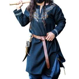 Leonardo Carbone® Viking Tunic, Snorri, Medieval Clothing for Men, Medieval Shirt, Carnival Costume, Viking Tunic, LARP Clothing, 100% Cotton with Urnes Embroidery, black-blue
