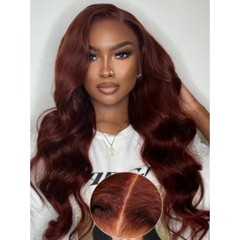 KLAIYI Bye Bye Knots Glueless Wig Reddish Brown Body Wave 7x5 Pre Cut HD Lace Front Wigs Human Hair Put On And Go Wig Pre Bleached Pre Plucked with Baby Hair 30S Ready To Wear 150% Density Full 14Inch