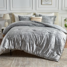 HOLYZONE King Size Silver Korean Velvet Comforter Set, 3 Pieces Luxury Crushed Crinkled Textured Bedding Sets, All Season Lightweight Soft Microfiber Comforter Sets for King Bed