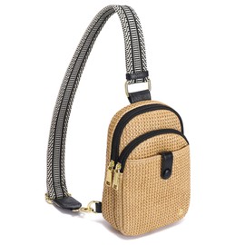 RFID Straw Summer Purses for Women 2025 Woven Sling Bag Fanny Packs Cross body for Everyday Beach Travel Vacation Essentials(Front Button with Boho Strap Black)