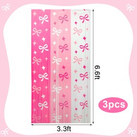 3 Pack Pink Bow Foil Fringe Curtains Bow Metallic Tinsel Streamers 3.3 X 6.6 ft Pink Tinsel Streamer Party Photo Backdrop for Bridal Shower Wedding Favors Coquette Birthday Girl Bows Theme Party Decor