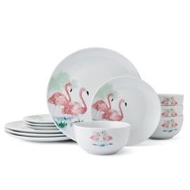 Studio Nova Flamingo Haven Tropical 12 Piece Dinnerware Plate Bowl Set, Service for 4