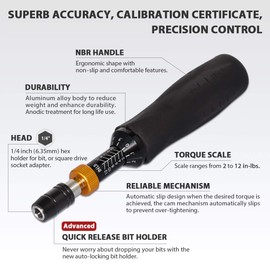 FIRSTINFO H51832 Precision Certified Limited/Limiting Torque Screwdriver with 1/4 Inch Universal Hex Bit Holder Quick Release Design, Torque Range 2-12 in-lbs