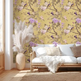 VEELIKE Vintage Chinoiserie Peel and Stick Wallpaper Yellow Floral Bird Wallpaper for Bedroom Bathroom 17.7''x118'' Removable Self Adhesive Floral Wall Paper Yellow Contact Paper for Cabinets Drawers