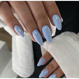 Blue Press on Nails Medium Almond Fake Nails Solid Color False Nails Acrylic Nails Press Ons,Reusable Light Blue Finger Nails for Women Girls Manicure in 24pcs…