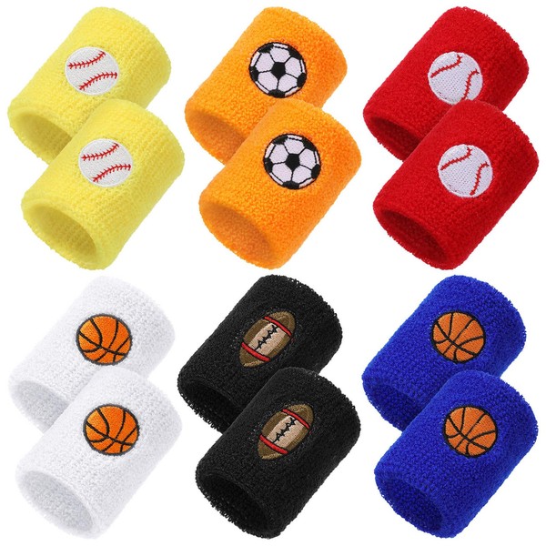 24 Pieces Sports Wristbands for Kids, Colorful Wrist Sweatbands Terry Cloth Wristbands with Soccer Basketball Football Baseball Design for Sports Party Birthday Party Favors, 6 Colors (Bright Color)