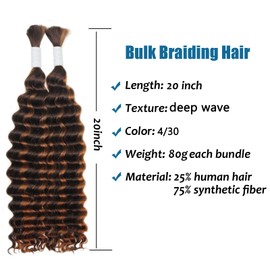 Deep Wave Bulk Braiding Hair Bundles - 25% Human Hair Mixed Hair Bundles For Human Braiding Hair No Weft 160g (1 Pack—2 Bundles) Boho Braids Wet and Wavy Synthetic Hair Extensions
