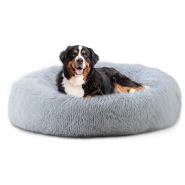 Bunlitent 46'' inch Calming Dog Bed, Plush Anti-Anxiety Donut Dog Bed for Large Dogs, Warming Cozy Soft Cute Round Washable, Marshmallow Cuddler Nest Pet Bed, Grey