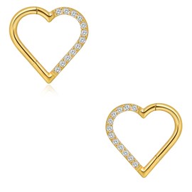 Daith Piercing G23 Titanium + CZ 16G Heart Hinge Seamless Clicker Ring Tragus Rook Cartilage Earrings Women's Gold/Titanium 8 mm 10 mm Pack of 2, Titanium, Cubic Zirconia