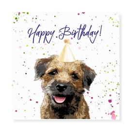 Curled Up Border Terrier Birthday Card - Party Hat