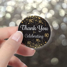 Black and Gold 80th Birthday Party Thank You Stickers - 1.75 in - 40 Labels