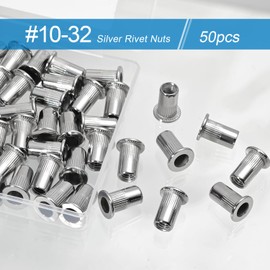 50PCS #10-32 Rivet Nuts 304 Stainless Steel Rivets Nutsert Flat Head Rivnut Threaded Inserts Nut (Silver, #10-32)