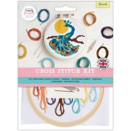 Simply Make Cross Stitch Kit - Peacock Design for Kids and Adults, Including Hoop, Embroidery Thread, Fabric and Needle - Perfect for Adult Crafts and Beginners - Starter Cross Stitch Craft Kit