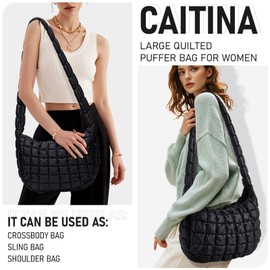 Caitina Puffer Tote Bag for Women,Large Quilted Hobo Bag Quilted Carryall Puff Purse Soft Puffy Crossbody Shouler Handbags(black