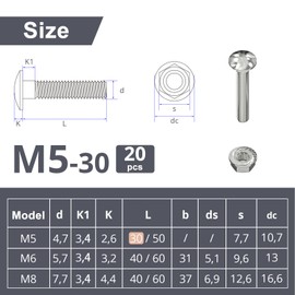 Wavanta M5 Coach Bolts, M5 x 30mm Carriage Bolts with Flange Hexagon Nuts, Zinc Plated, Carbon Steel, Coach Screws, Pack of 20