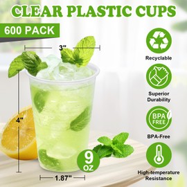 Huifany 600 Pack 9 oz Plastic Cups, Disposable Clear Plastic Cups, Clear Cold/Hot Drinking Cup for Party, Events, Birthday