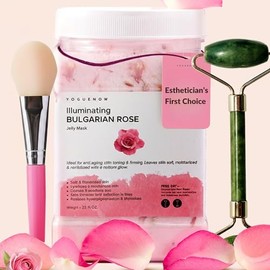 Mascarilla facial de gelatina para faciales – Rosa búlgara hidratante, iluminadora y nutritiva con rodillo de jade gratis y espátula | Máscaras profes