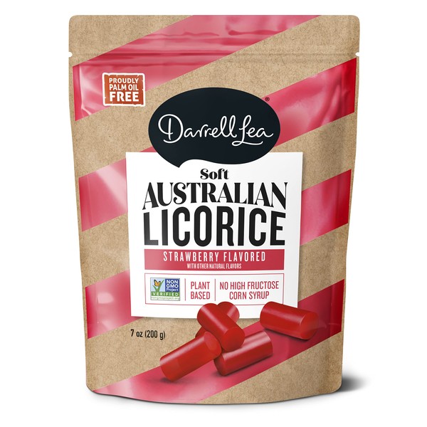 Darrell Lea Soft Australian Strawberry Licorice 7oz Bag - NON-GMO, PALM OIL FREE, NO HFCS, Vegan-Friendly & Kosher | Made in Small Batches with Ethically-Sourced, Quality Ingredients