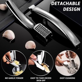 Garlic Press Stainless Steel, No Need to Peel Garlic Mincer Tool for Coarse Garlic, Detachable for Easy Cleaning, Garlic Masher and Presser, Dishwasher Safe Garlic Crusher with 5-Year Warranty
