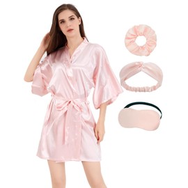 MORFORU Women Bride Bridesmaid Silky Satin Kimono Robe Solid Color Sleepwear for Wedding Party Getting Ready, Short (Pink, Tag L/XL)