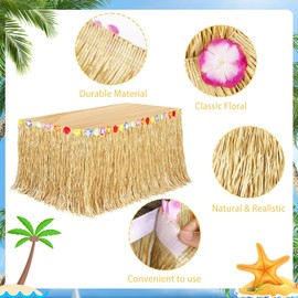 Hawaiian Luau Grass Table Skirt 2 Pcs – Waterproof Polyester Fabric with Tropical Floral Summer Design for Outdoor Parties, BBQ, Luau Decor